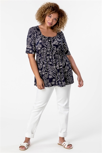Navy Curve Floral Print Gathered Top, Image 3 of 5