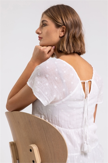 White Tie Back Embroidered Cotton Top