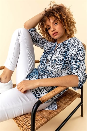 Blue Longline Button Detail Animal Print Top, Image 4 of 4