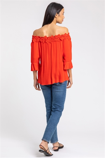 Red Lace Trim Bardot Top, Image 2 of 5