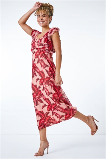 Pink Petite Tropical Print Frill Sleeve Midi Dress, Image 2 of 5
