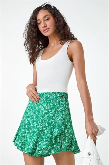Green Polka Dot Frill Detail Wrap Skirt