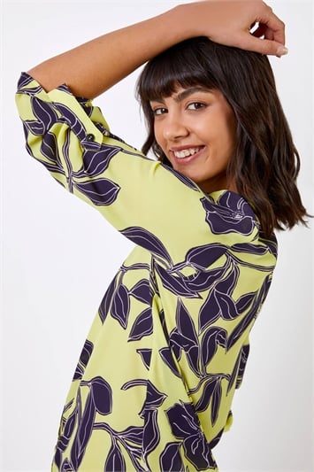 Lime Linear Floral Button Through Tunic Blouse, Image 4 of 4