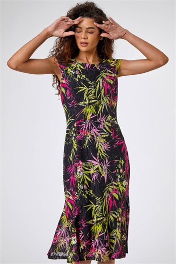Black Tropical Print Fluted Lace Dress, Image 3 of 4