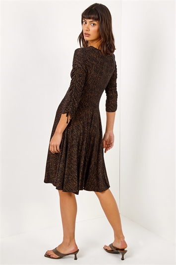 Black Ditsy Spot Print Ruched Detail Dress, Image 2 of 5