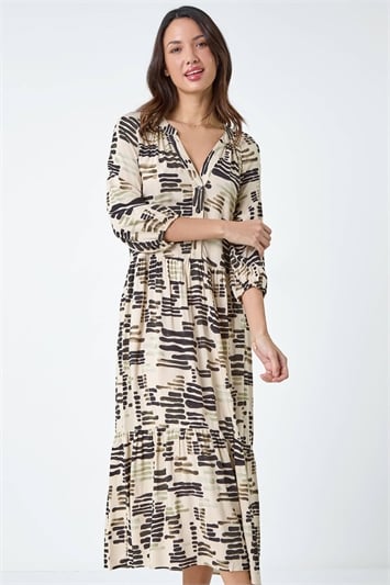 White Abstract Print Tiered Shirt Dress
