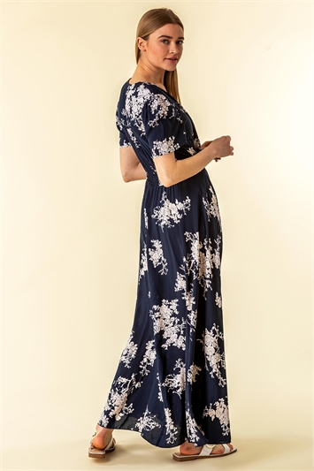 Navy Floral Print Shirred Waist Maxi Dress, Image 2 of 5