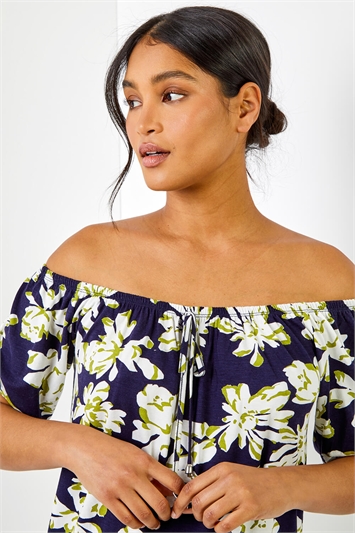Navy Floral Print Stretch Bardot Top, Image 4 of 5