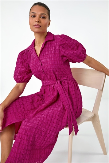 Pink Textured Puff Sleeve Midi Shirt Dress