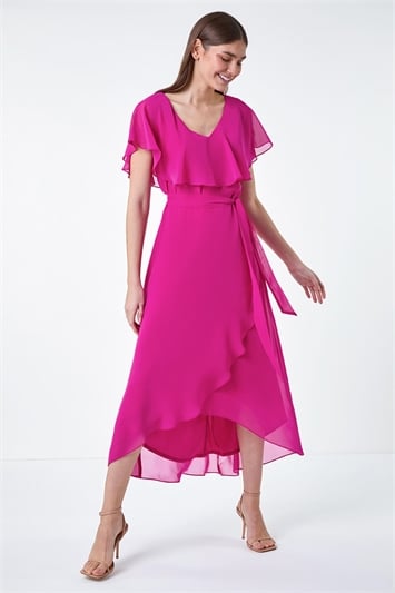 Pink Plain Chiffon Midi Wrap Dress