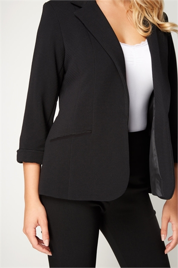 Black Ribbed 3/4 Sleeve Roll Cuff Jacket, Image 4 of 5