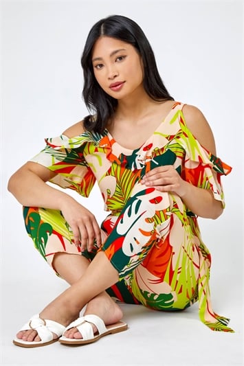 Lime Petite Tropical Print Frill Jumpsuit, Image 1 of 6