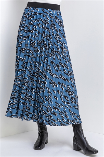 Blue Animal Print Pleated Maxi Skirt, Image 3 of 4