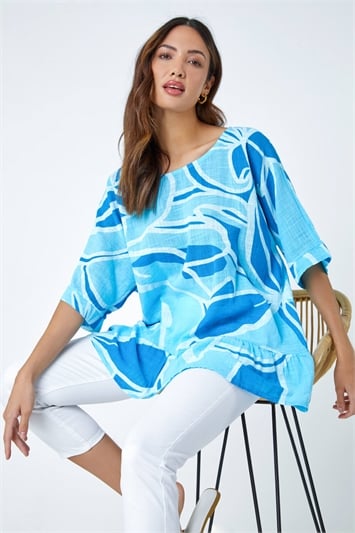 Blue Cotton Oversized Floral Tunic Top