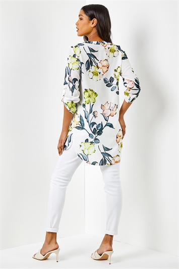 Ivory Longline Button Detail Floral Print Top, Image 2 of 5