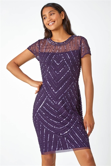 Purple Sequin Embellished Sheer Shift Dress