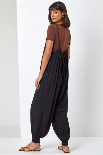 Black Strappy Full Length Shirred Jumpsuit, Image 2 of 5