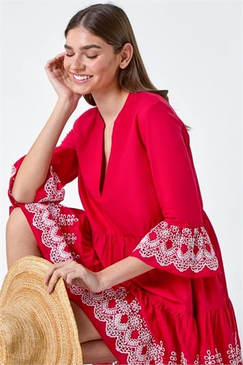 Red Embroidered Cotton Smock Dress