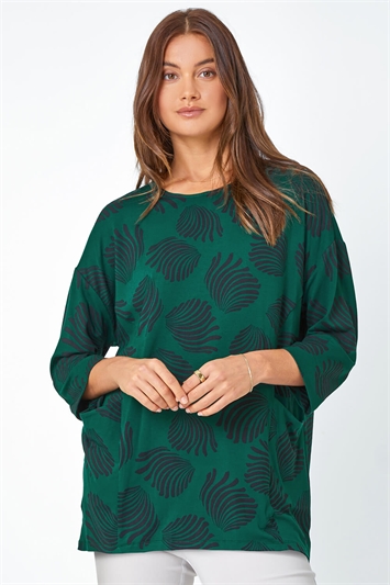 Green Abstract Print Pocket Stretch Tunic Top