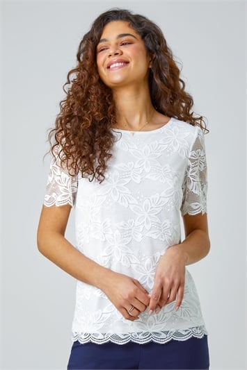 White Floral Stretch Lace Top
