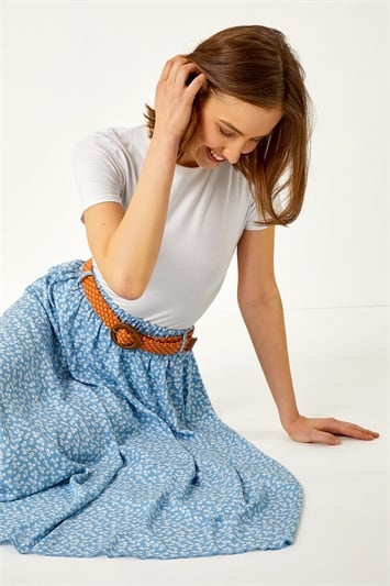 Multi Floral Print Belted Elastic Waist Midi Skirt