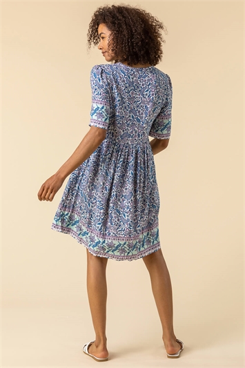 Blue Floral Border Print Tea Dress, Image 2 of 5