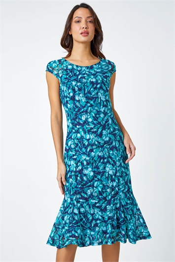 Blue Floral Print Lace Midi Stretch Dress