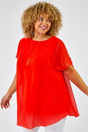 Coral Curve Chiffon Overlay Top With Necklace