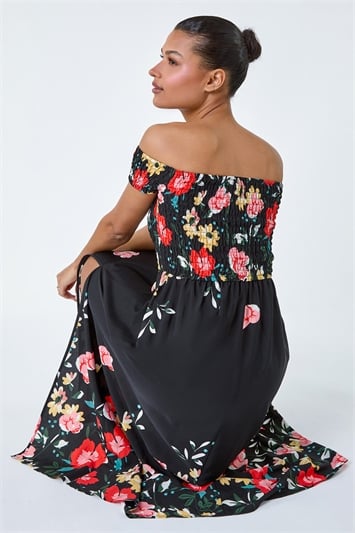 Black Floral Shirred Bardot Maxi Dress