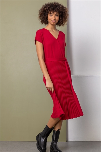Red Belted Wrap Pleated Knit Dress, Image 3 of 4
