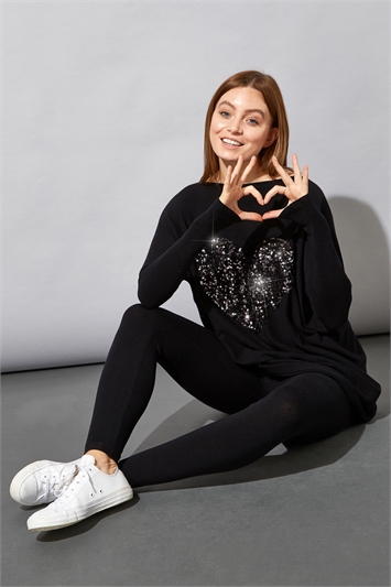 Black Sequin Heart Lounge Tunic Jumper, Image 4 of 4