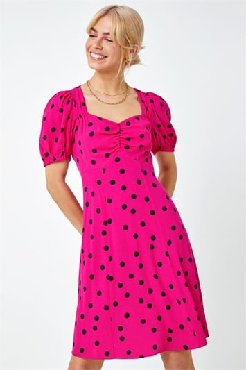 Pink Sweetheart Neck Polka Dot Dress