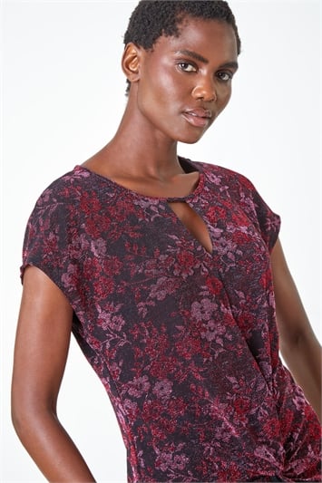 Pink Floral Shimmer Print Knot Stretch Top