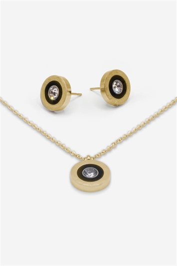 Gold Stainless Steel Diamante Clock Pendant & Earring Set