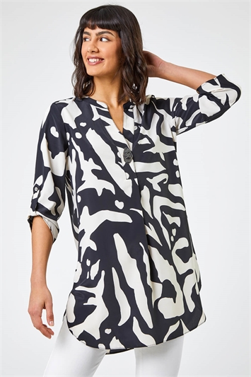 Black Abstract Print Notch Neck Blouse, Image 1 of 5