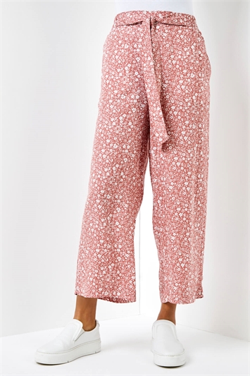 Rust Ditsy Floral Print Waist Tie Culottes , Image 3 of 5
