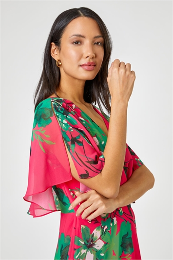 Pink Floral Print Frill Cape Wrap Dress, Image 5 of 5