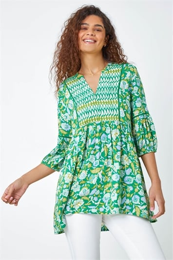 Green Cotton Abstract Floral V-Neck Ladder Trim Top