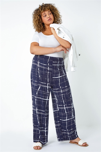 Blue Curve Check Elastic Waist Palazzo Trousers