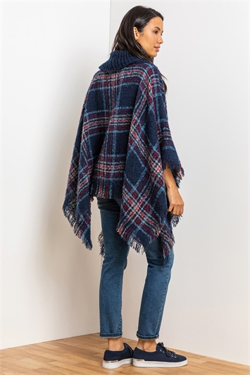 Midnight Blue Check Knit Roll Neck Poncho, Image 3 of 4