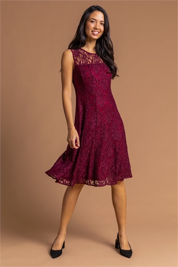 Wine Glitter Lace Fit and Flare Dress 