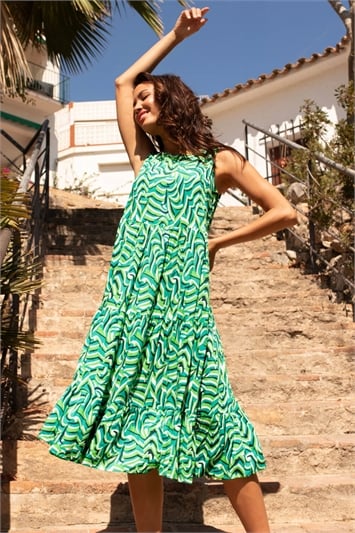 Green Geometric Sleeveless Smock Dress