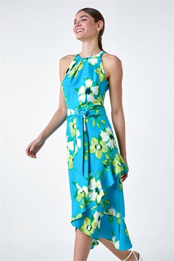 Blue Floral Print Chiffon Halterneck Midi Dress