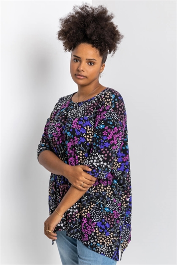 Blue Curve Patchwork Floral Print Tunic Top, Image 1 of 4