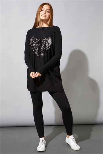 Black Sequin Heart Lounge Tunic Jumper, Image 2 of 4