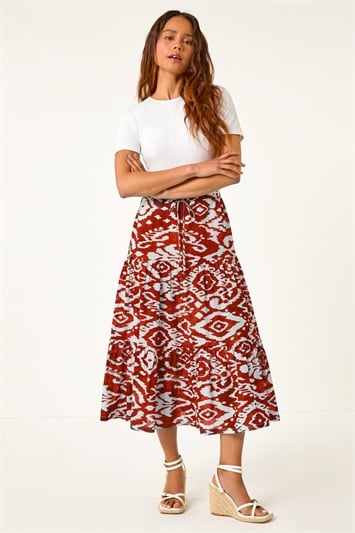 Red Petite Aztec Print Cotton Midi Skirt
