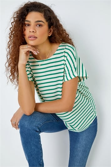Green Cotton Blend Stripe Print T-Shirt