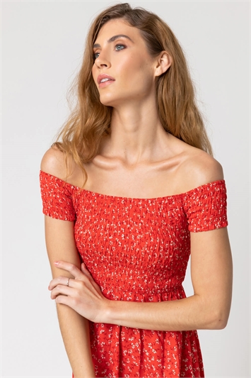 Red Shirred Ditsy Floral Print Bardot Dress, Image 4 of 4