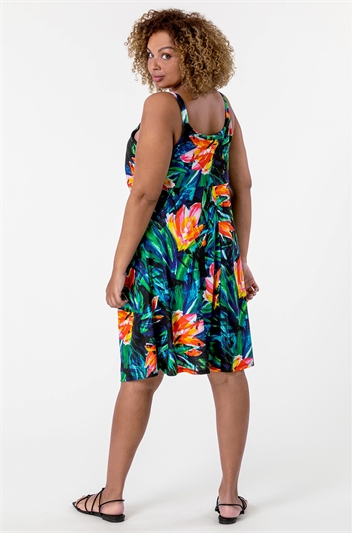 Orange Curve Tropical Print Strappy Dress, Image 2 of 5