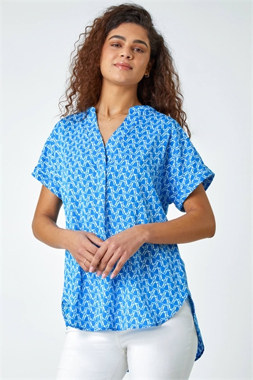 Blue Abstract Print Woven Pleat Front V-Neck Top